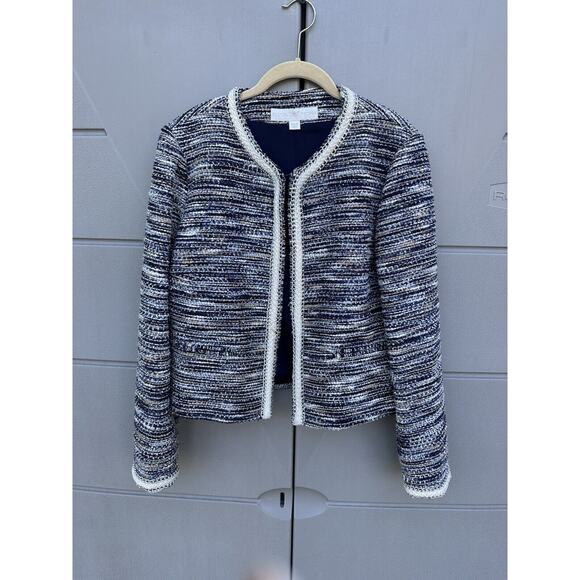 Boston Proper Parisian Shimmer Navy Striped Tweed Jacket Silver Chain Trim Sz 16 - Picture 1 of 8